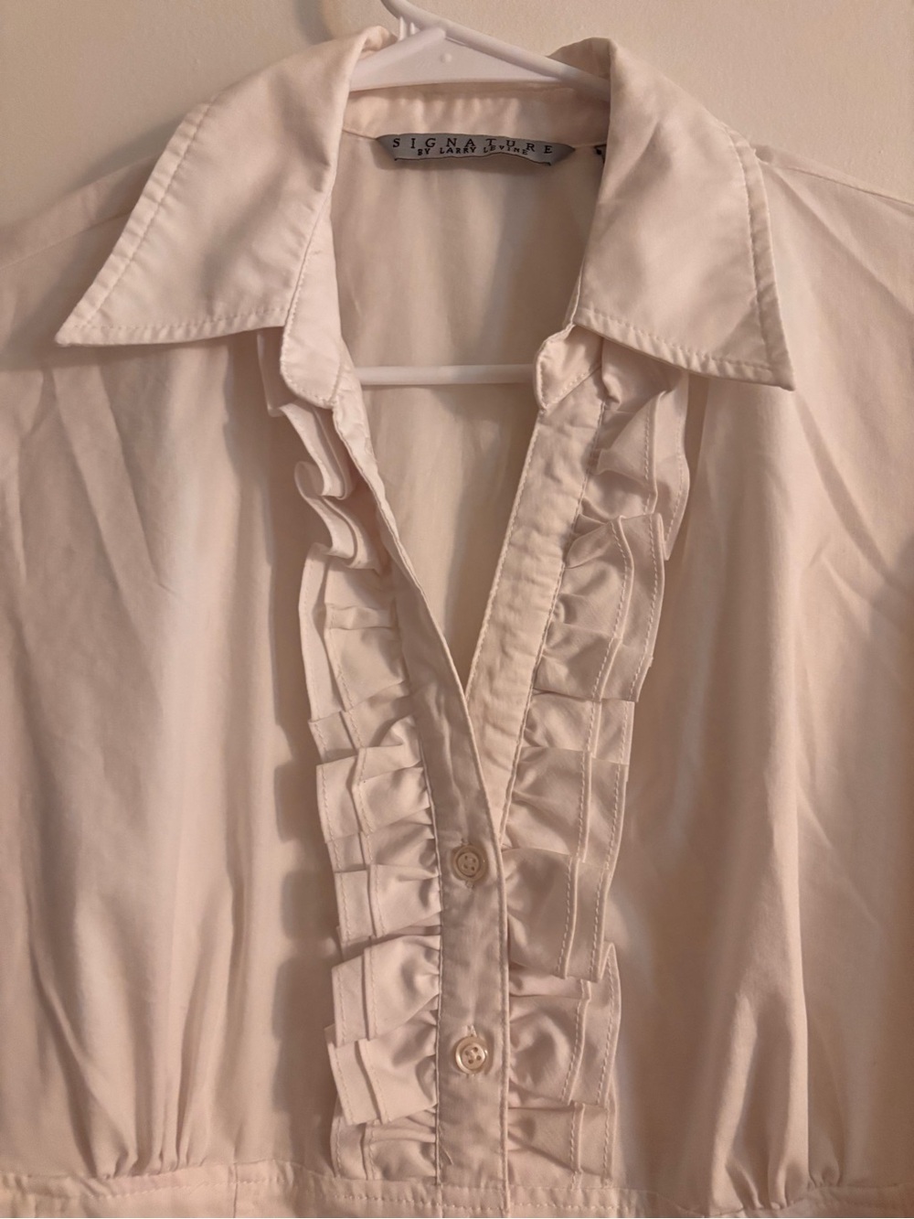 Signature White Ruffle-Trim Button Down Blouse